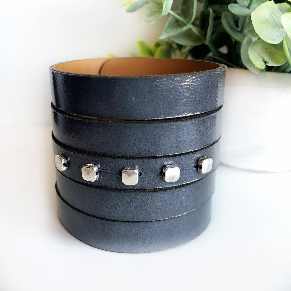 MishaGirl Handmade Midnight Blue Wide Leather Cuff Bracelet